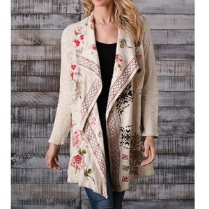 Coldwater Creek Embroidered Cardigan Jacket Size M Floral Aztec 100% Cotton